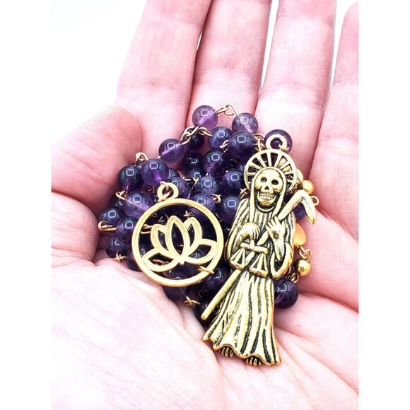 Handmade Amethyst Santa Muerte Rosary - Holy Death Amulet - Natural Stone Beads - Picture 2 of 10